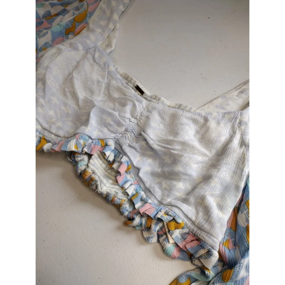 Free People Womens Abstract Geometric Balloon Sleeve Smocked Crop Top Blue S - Picture 4 of 9